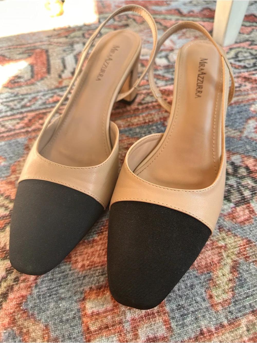 Mira Azzurra Size 9 Nude Black Cap Toe Slingback Block Heel Pumps